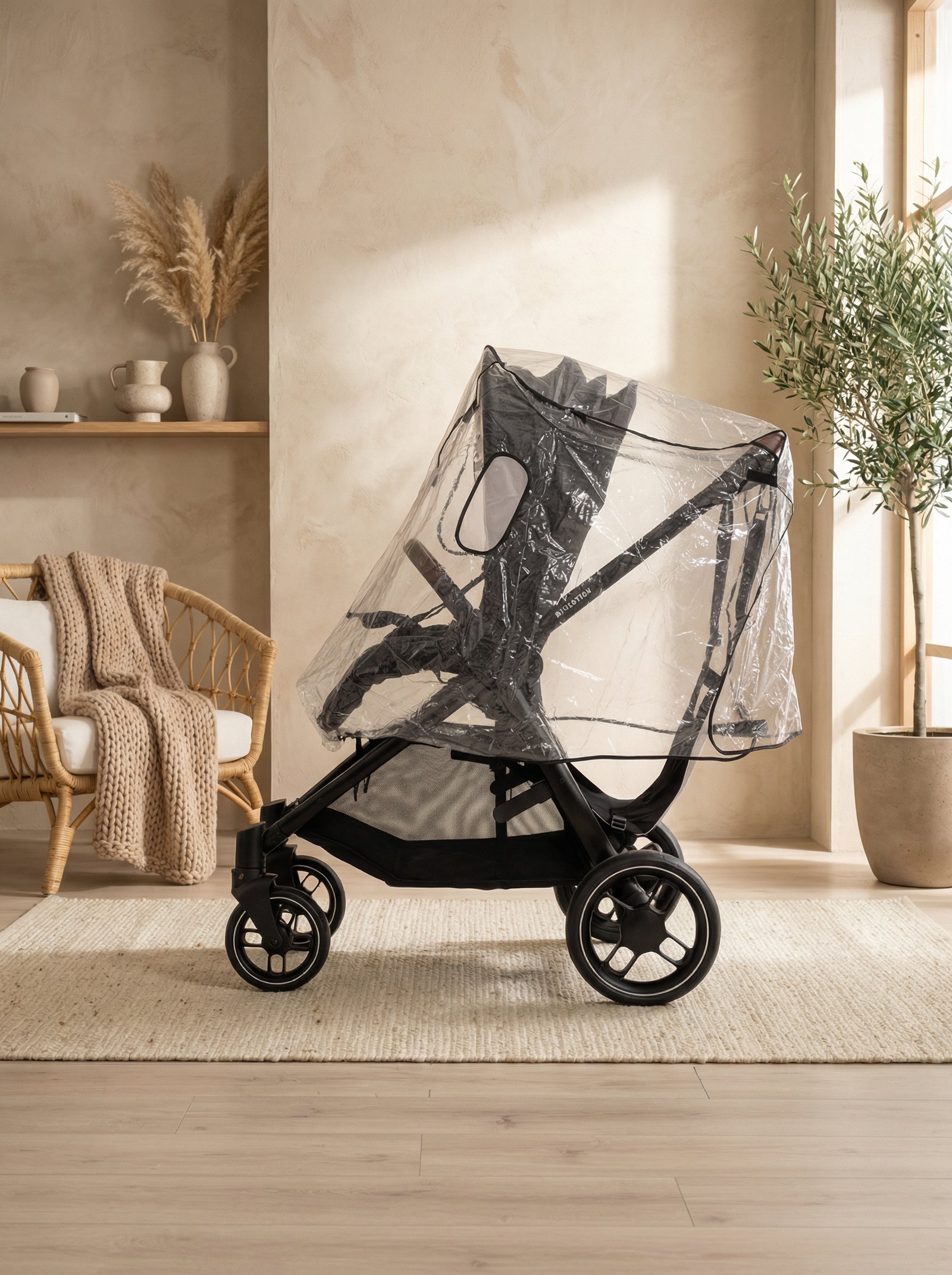 Burbuja para la lluvia Amababy puesta sobre carrito de bebé con hamaca.