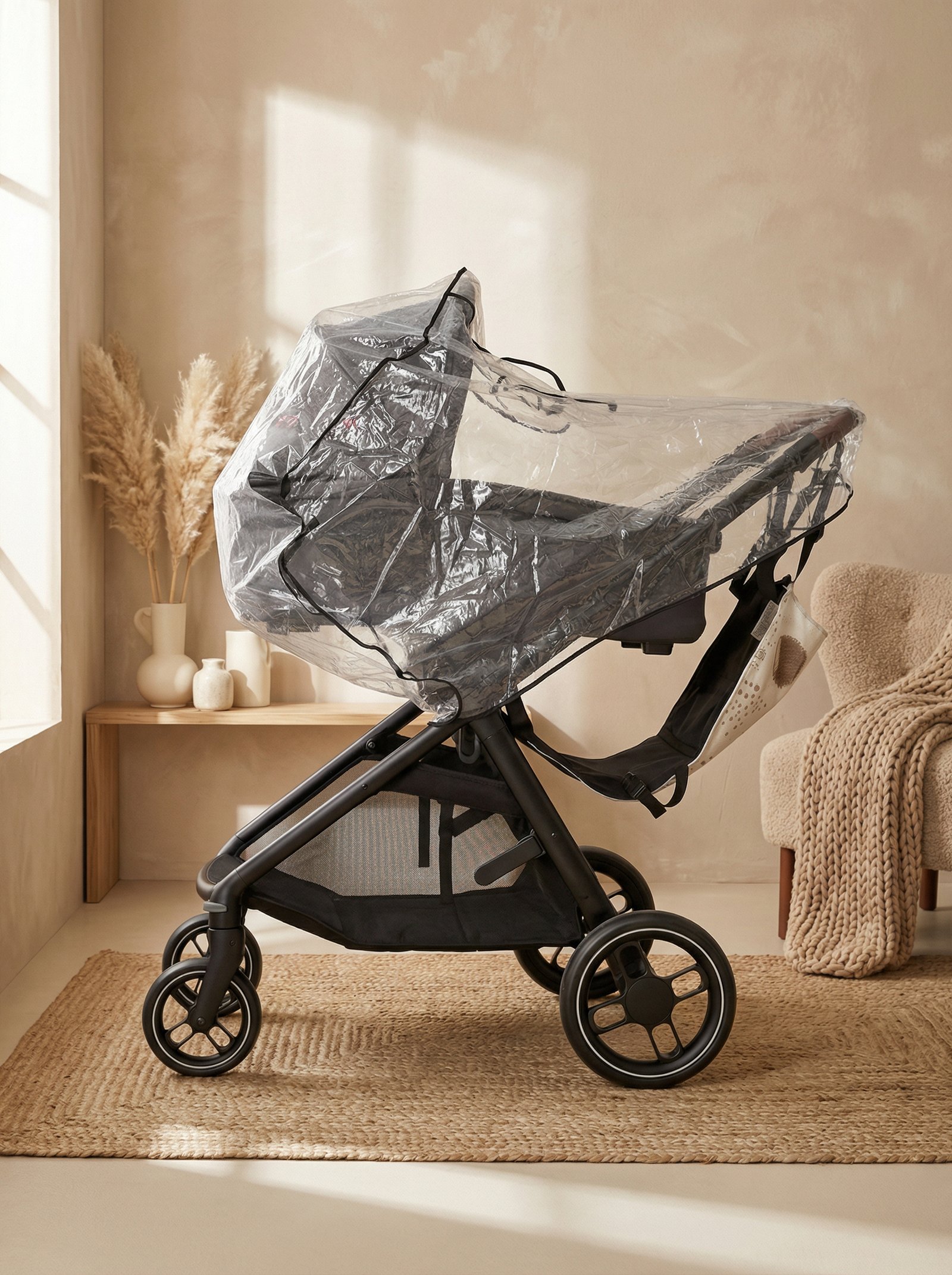 Burbuja para la lluvia Amababy puesta sobre carrito de bebé con hamaca.