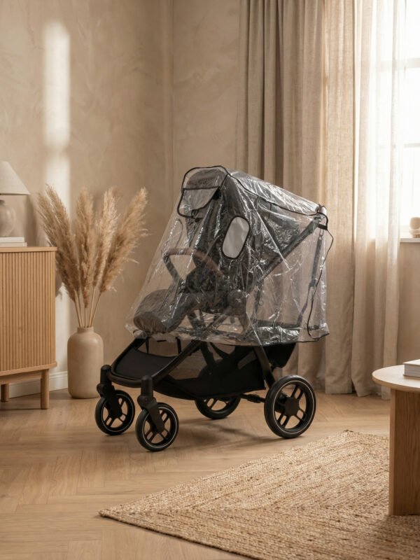 Burbuja para la lluvia Amababy puesta sobre carrito de bebé con hamaca.