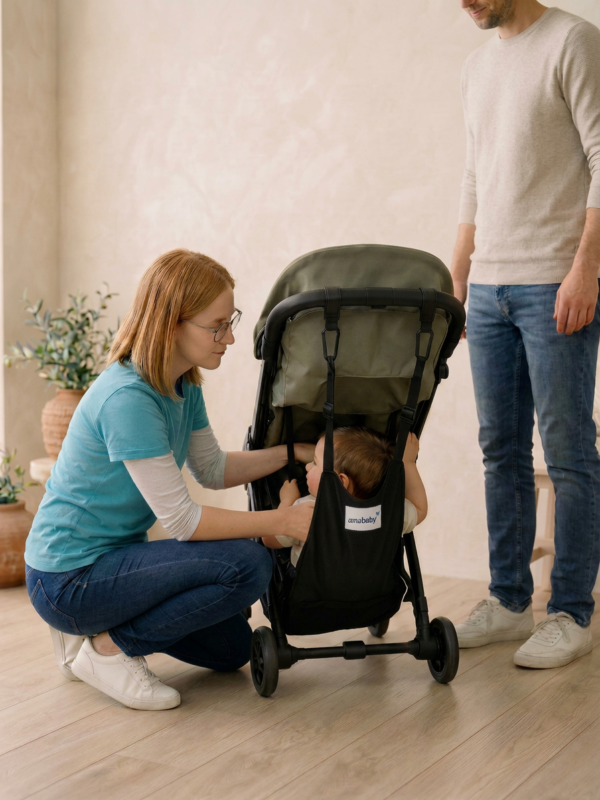 Imagen de una madre poniendo a su hijo en una Amaca Amababy
